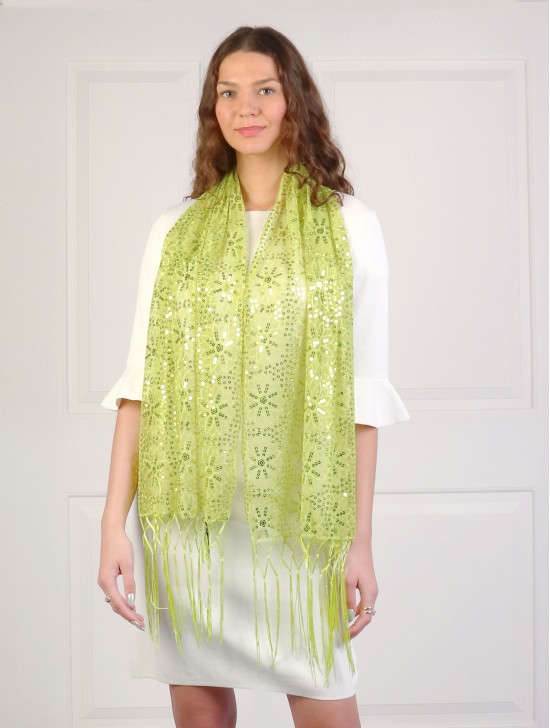 Sequined Flower Mesh Scarf W/ Fringe